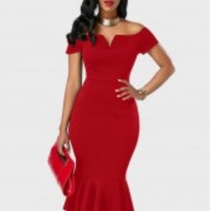 Off the shoulder asymmetric hem red sheath dress